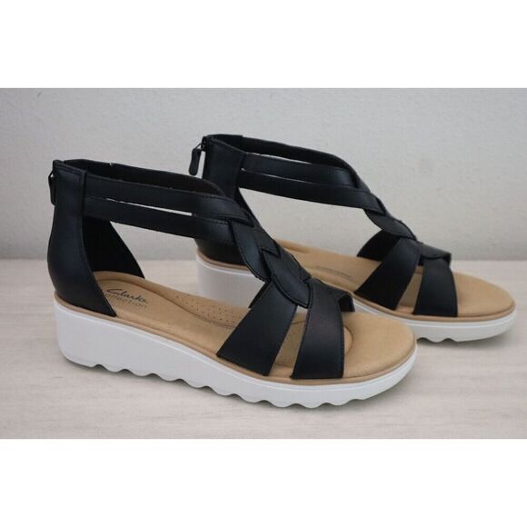 Collection x Clarks Wmn Sz 11 M Black Leather Jillian Bright Strappy Wedge Heels - Picture 5 of 12